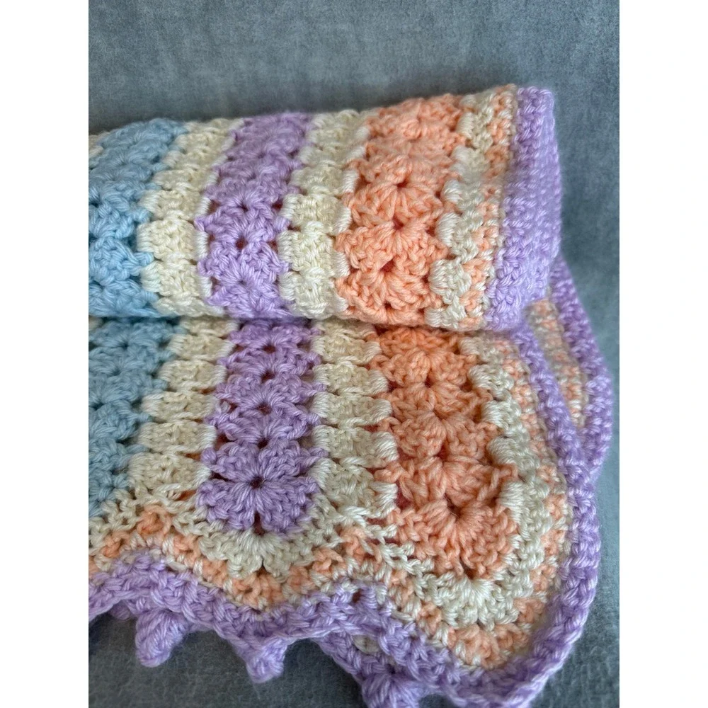 VTG Handmade Crochet Baby Blanket Throw Pastel Stripes Scallop Trim Sz 31